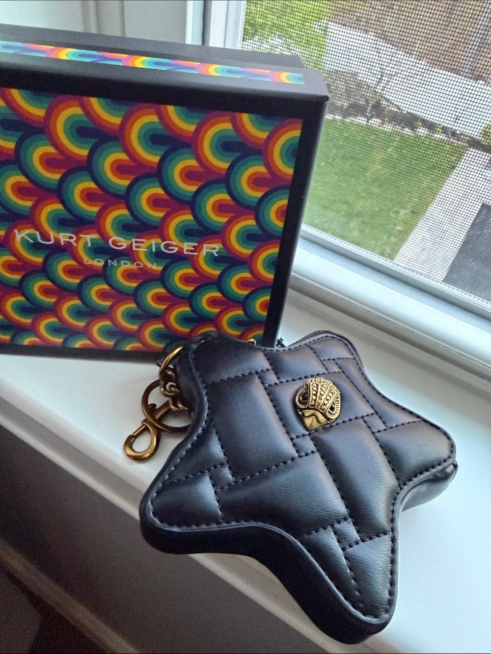 Kurt Geiger Black Quilted Star Keyring Pouch with Gold Emblem